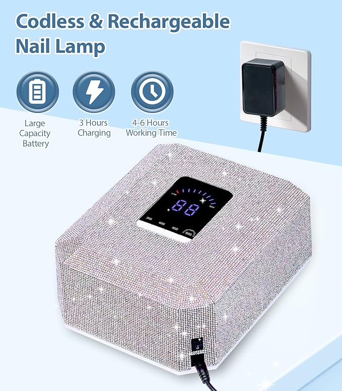 UV Nail Lamp Nail Dryer: HOUSMV Cordless Rechargeable UV Light for Gel Nails 60W, Professional Diamond LED Nail Dryer with 4 Timer Setting & Auto Sensor, Fast Nail Light Curing Lamp for Salon & Home