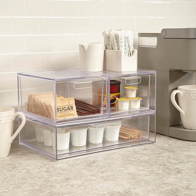 STORi Audrey Stackable Clear Bin Plastic Organizer Drawer | Organize Eyeshadow Palettes, Cosmetics, and Beauty Supplies on a Vanity | Made in USA