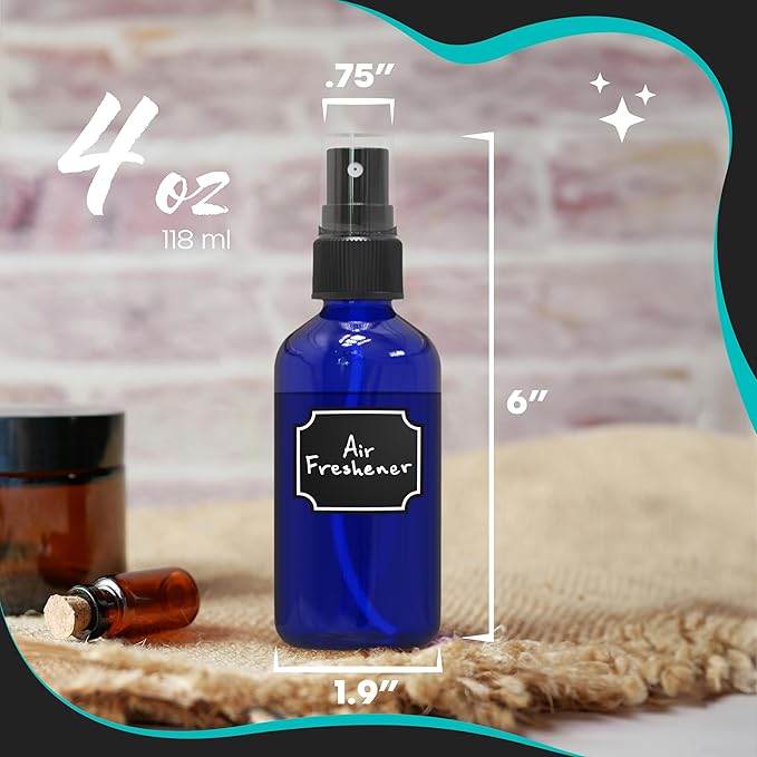 Nevlers Blue Glass Spray Bottles 4 Oz 24 Pack | Small Spray Bottles Mist Sprayer Set w/Shrink Wrap, Funnel, Brush, Marker & Labels | Dark Blue Glass Bottle for Use as Travel Size Perfume Refill Bottle