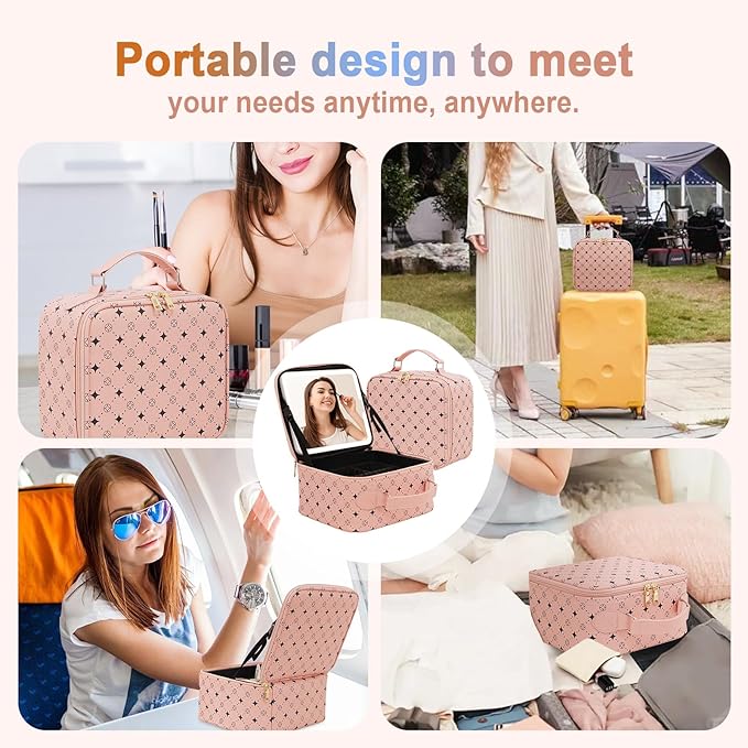Travel Makeup Bag With 360° rotating LED Mirror,Waterproof cosmetic organizer,Portability Cosmetic case,Makeup organizer,Gift for Women,Girls Gift (Pink)