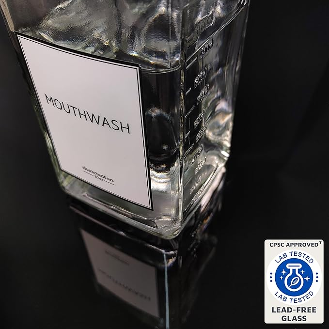 eBun 37oz Glass Mouthwash Dispenser for Bathroom, Mouthwash Dispenser Pump, Mouth Wash Container with Reusable Cup, Mouth Wash Bottle, Countertop Kitchen Sink Dish Liquid Soap Holder Set (Black)