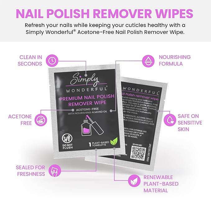 Simply Wonderful Lint Free Nail Polish Remover Wipes, Acetone-Free, Enriched with Nourishing Almond Oil, Plant-Based Nail Polish Remover Pads, 100 Individually Wrapped Nail Polish Wipes