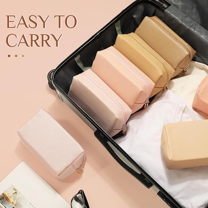 Sanwuta 9 Pcs Preppy Makeup Bag PU Leather Cosmetic Bag Makeup Pouch Plain Waterproof Toiletry Organizers for Traveling Preppy Travel Purse End of the Year Teacher Gifts Bulk(Pink Brown Series)