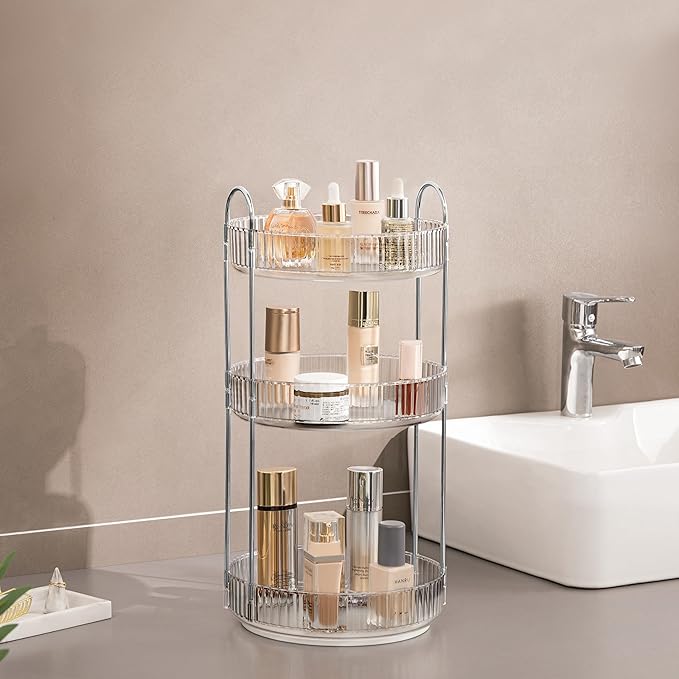 360 Rotating Makeup Organizer Clear 3 Tier Bathroom Organizer Spinning Perfume Organizers, Skincare Organizers Dresser Organizer Makeup Carousel with Silver Handle Cosmetic Brush Storage