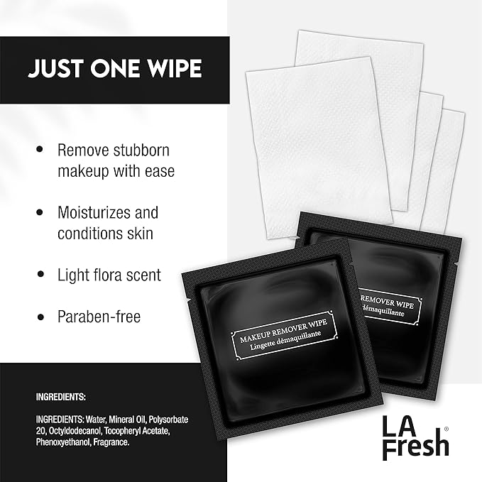 La Fresh Hotel Premium Paraben-Free Makeup Remover Wipes - Black, Light Flora Scent 8x6" Wet Wipes - 50 Wipes, Travel Essentials