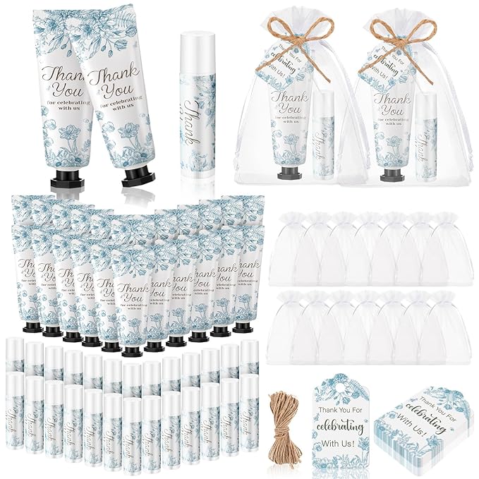 48 Sets 192 Pcs Baby Bridal Shower Hand Cream and Lip Balm Gift Baby Shower Wedding Party Favor Travel Size Hand Lotion and Lip Balm Bulk with Organza Bags Tags for Guests(Blue Flower)