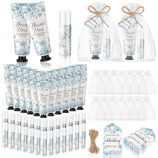 48 Sets 192 Pcs Baby Bridal Shower Hand Cream and Lip Balm Gift Baby Shower Wedding Party Favor Travel Size Hand Lotion and Lip Balm Bulk with Organza Bags Tags for Guests(Blue Flower)