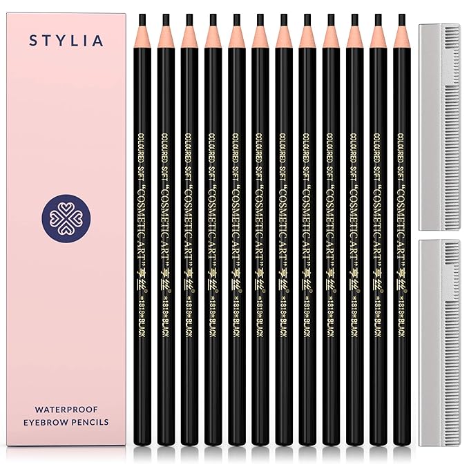 Bundle of 12 Piece Black Waterproof Eyebrow Pencils Peel Off Brow Pencil Set and 30 Meters Pre-Inked Eyebrow Mapping String, Permanent Makeup Brow Mapping Tool