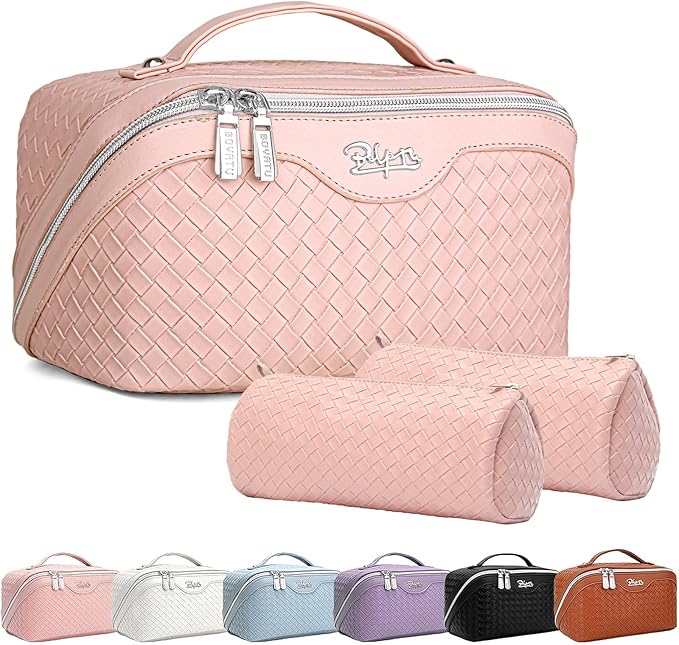 BOYATU Travel Makeup Bags for Women: Large Cosmetic Bag Waterproof - Vegan Leather Make up Bag Set of 3 - Compact Toiletry Organizer with Compartments & Handle & Divider (L01 Light Pink)