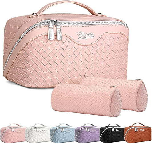 BOYATU Travel Makeup Bags for Women: Large Cosmetic Bag Waterproof - Vegan Leather Make up Bag Set of 3 - Compact Toiletry Organizer with Compartments & Handle & Divider (L01 Light Pink)