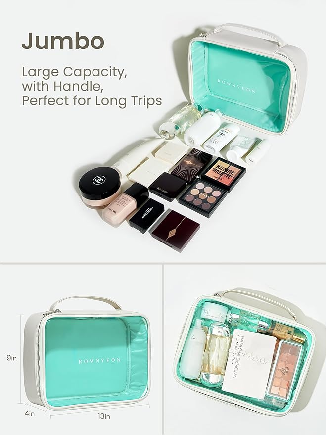 ROWNYEON 3-Piece Premium Cosmetic Organizer Set - Clear PVC & Faux Leather Storage Bags with Jewel-Tone Blue Lining, Waterproof Travel Toiletry Cases for Home/Carry-On (Jumbo/Medium/Mini)