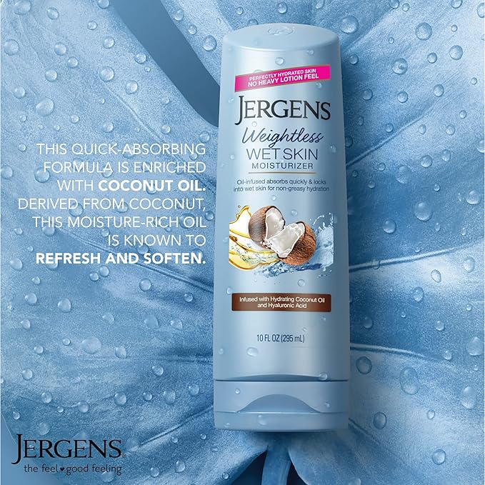 Jergens Wet Skin Body Moisturizer with Coconut Oil, In Shower Lotion for Dry Skin, Fast-Absorbing, Non-Sticky, Dermatologist Tested, 10 Oz, Pack of 3