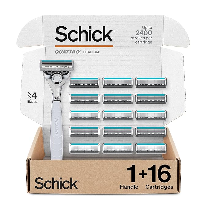 Schick Quattro Titanium 4-Blade Razors for Men | 1 Mens Razor Handle and 16 Refill Blades for Shaving