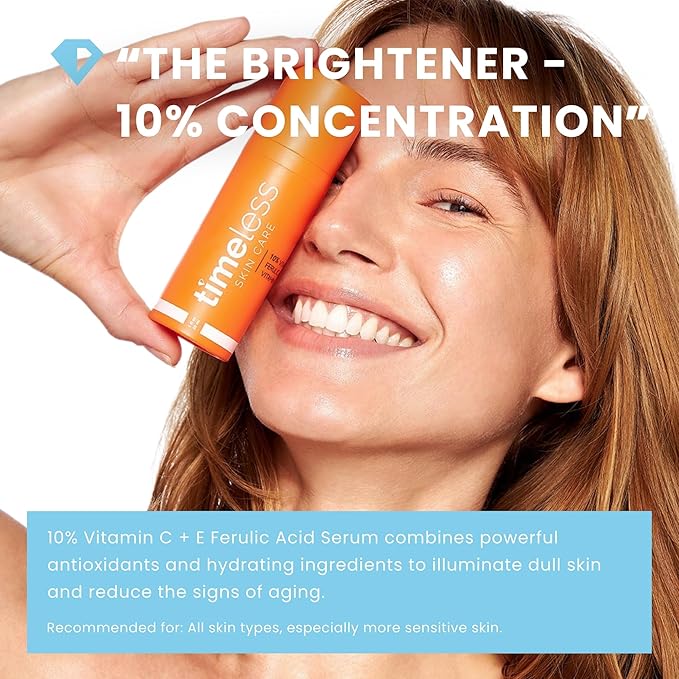 Timeless Skin Care Vitamin C Serum with Vitamin E & Ferulic Acid - Brightening Serum - for Oily & Dry Skin - Fragrance-Free - 1.7 Fl Oz