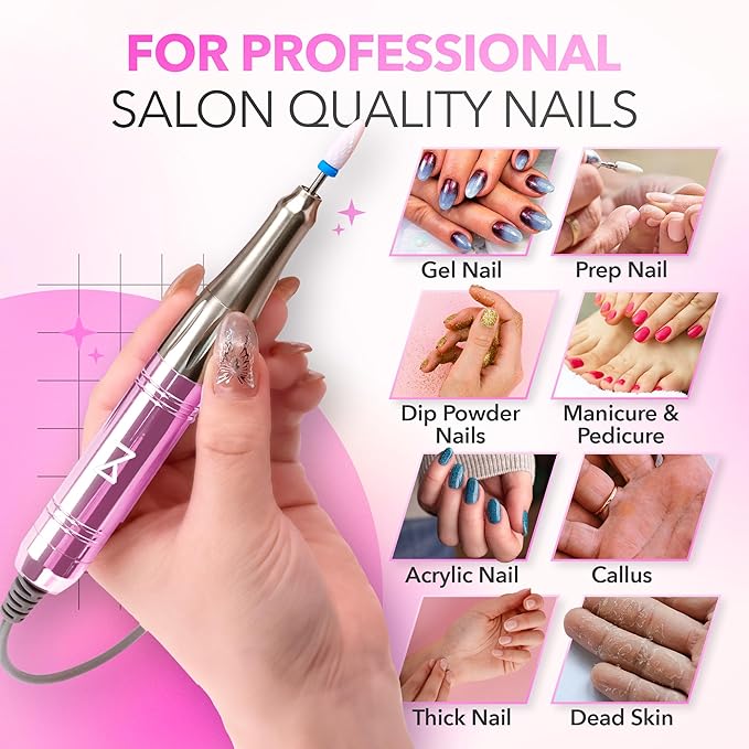 M Mase- Professional Nail Drill Machine - 2-in-1 Nail File - Cordless, 35000 RPM, HD Display - Gift for Her - Electric Nail Drill for Professional & Home Use (Unicorn Pink)