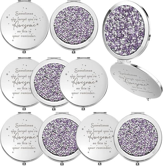 Roowest 10 Pcs Inspirational Compact Mirror Sometimes You Forget You're Awesome Appreciation Gifts for Women Mother's Day Party Favors Magnifying Pocket Mirror (Light Purple)