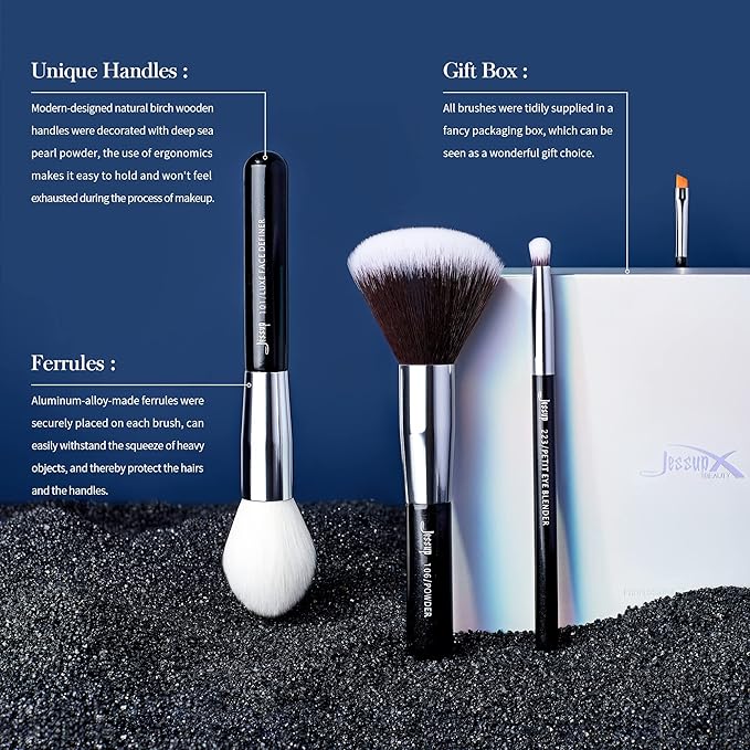 Jessup 25pcs Professional Makeup Brush Set Foundation Powder Concealer Eyeshadow Blending Blush Highlighter Natural-Synthetic Hair Brushes (Black/Silver)