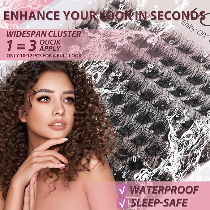 Magic Lash Clusters 8-18mm Volume Fluffy Eyelash Clusters D Curl - WideSpan DIY Eyelash Extension Cat Eye Lashes Individual Fake Eyelashes Clusters with 0.05mm Ultra-Thin Black Band