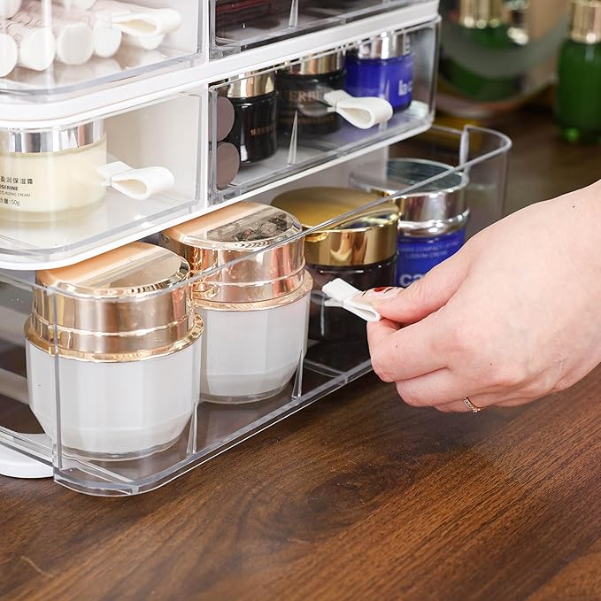 White Makeup Organizer With 6 Drawers,2 Pack Stackable Plastic Cosmetic Storage Organizer for Dresser and Vanity,Ideal for Beauty,Perfume,Brushes,Skincare Bathroom Organizers and Storage Counter