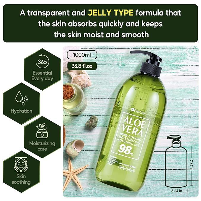 98% Aloe Vera Gel for Face, Skin and Hair - 33.8oz / 1000ml - Pure Aloe Vera Gel for Sunburn Relief - After Sun Care - Sun Burn Moisturizer (33.8 Fl oz)