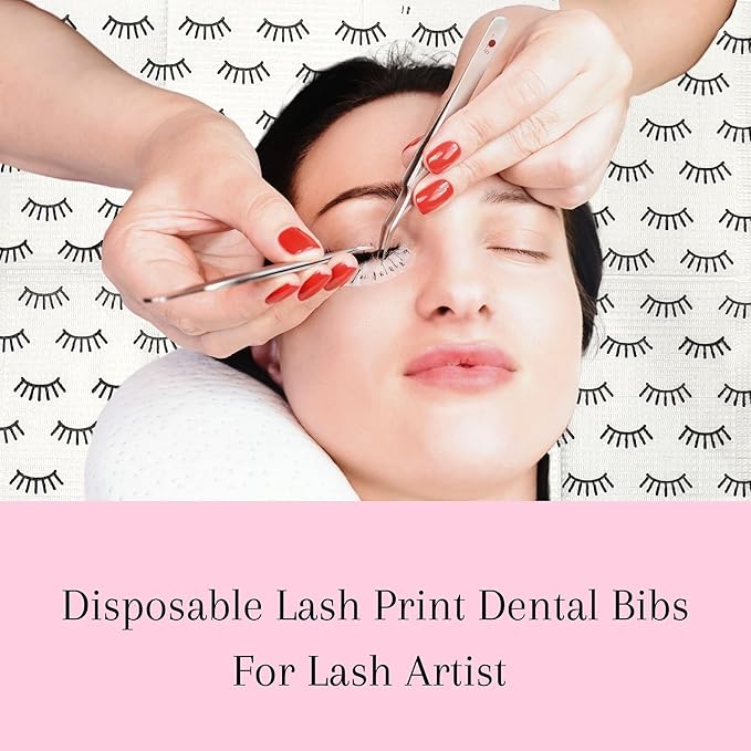 Disposable Lashing Dental Bib | 125 Pack | Size 13x18" inches | Eyelash Extension Supplies | White Bib with Simple Lash Print Design