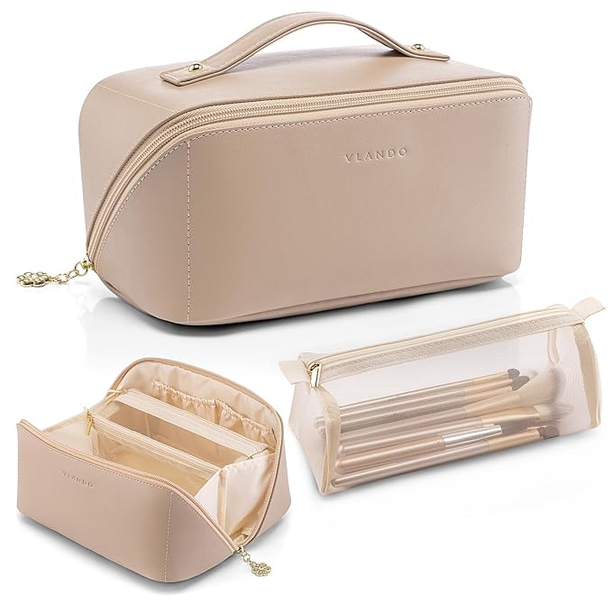 Vlando Makeup Organizer Bag,Mothers Day Gifts,Travel Makeup Bag for Women Waterproof Portable Make up Bag PU Leather Open Flat Cosmetic Bag for Travel Essentials, Gifts for Women(Toffee)