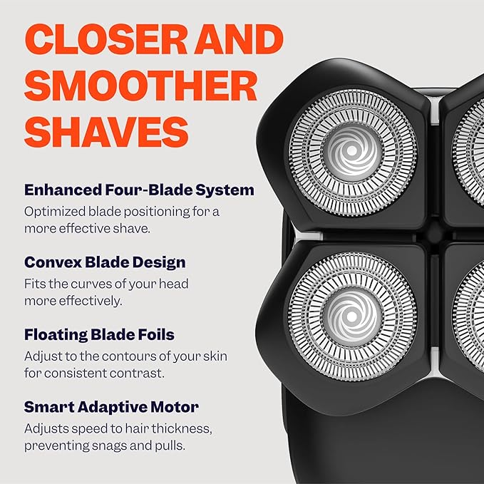 FlexSeries Pro Electric Head & Body Shaver - Mens Cordless Rechargeable Wet/Dry Skull Bald Head Back & Groin Waterproof Razor with Rotary Blades, Clippers, Nose Trimmer, Brush, Massager