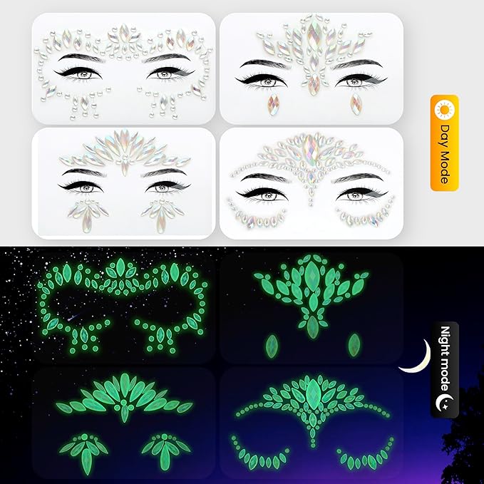 Face Gems Adhesive Glitter Jewel Tattoo Sticker Festival Gems Rave Party Body Make Up (GLOW IN THE DARK)