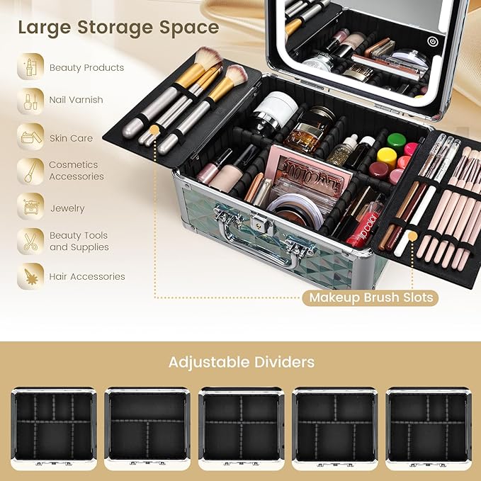 Makeup Case with Magnetic LED Mirror Travel Cosmetic Organizer Portable Makeup Box with Lighted Up Mirror Make Up Vanity Nail Box Lipstick Artist Storage with Lockable Dividers Brush Holder Shiny Blue