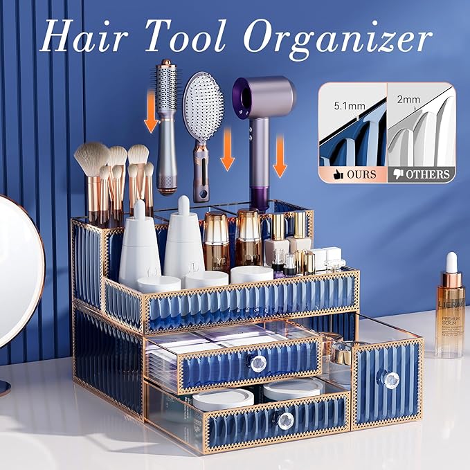 Makeup Organizer Blue - Tempered Glass Vanity Organizer for Cosmetics, Skincare, Hair Tools, Brushes, Perfume - Multipurpose Bathroom Counter Skincare Organizer