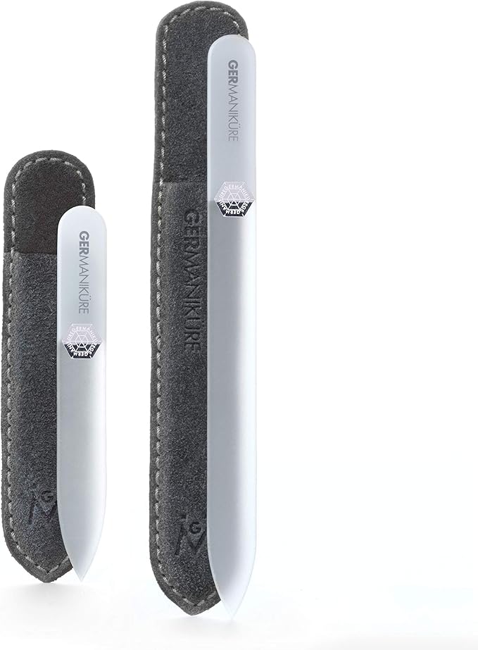 GERMANIKURE 2 Pc Gray Glass Nail File Set with Suede Sleeves - Fingernail File & Small Travel Nail File - Professional Manicure & Pedicure Kit for Natural Nails - Ethically Made in Czech Republic