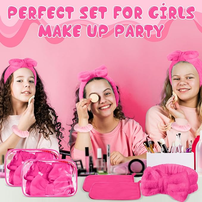 24 Pieces Sleepover Party Supplies Spa Party Favors 6 Spa Headband 6 Velvet Scrunchies 6 Makeup Remover Cloth 6 Clear Cosmetic Bags for Slumber Gift(Rose Red)
