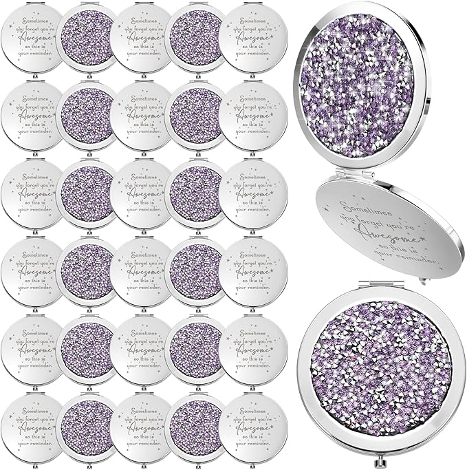 Roowest 30 Pcs Inspirational Compact Mirror Sometimes You Forget You're Awesome Appreciation Gifts for Women Mother's Day Party Favors Magnifying Pocket Mirror (Light Purple)