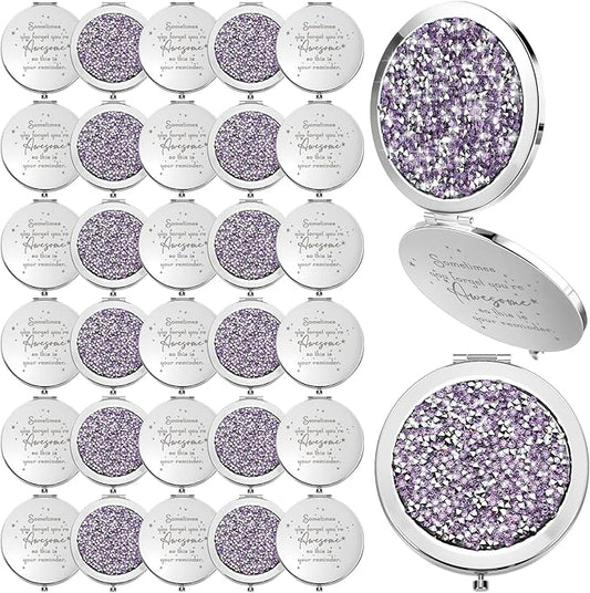 Roowest 30 Pcs Inspirational Compact Mirror Sometimes You Forget You're Awesome Appreciation Gifts for Women Mother's Day Party Favors Magnifying Pocket Mirror (Light Purple)