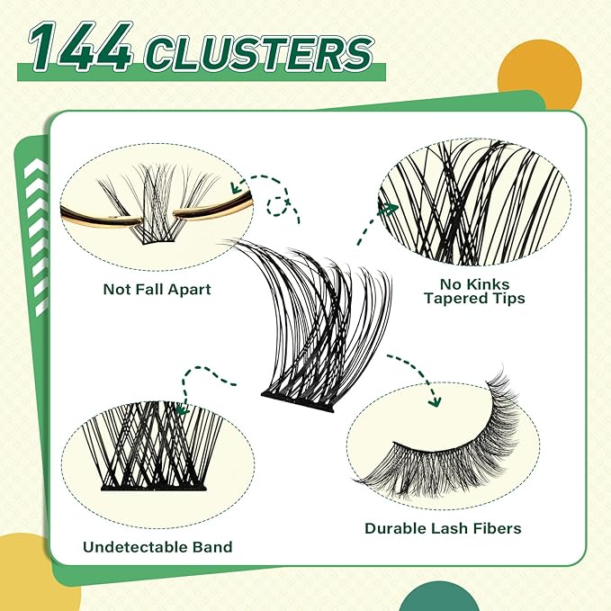 DIY Lash Extension Kit KEYYOU 144pcs Lash Clusters Eyelash Extension Kit with Mascara Brush Bond and Seal Lash Glue Remover Lash Applicators Lash Brush Clean Pad for DIY Lash Extensions (Y41 Kit)