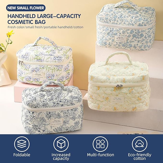 Quilted Floral Makeup Bag 3PCS, Cute Cotton Coquette Aesthetic Travel Toiletry Bag, Zipper Cosmetic Pouch, Daily Travel Use Skincare Bag, Large Capacity (Blue Ink Floral)