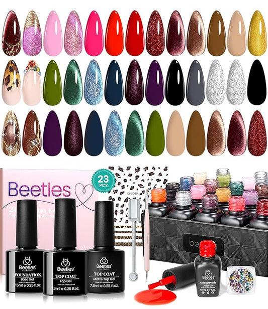 Beetles Gel Polish Kit, Cat Eye Glitter 20 Colors Spring Summer Gel Polish With Sticker Rainbow Rhinestone Base Coat Glossy & Matte Top Coat Mob Wife Collection All Seasons Gifts for Women