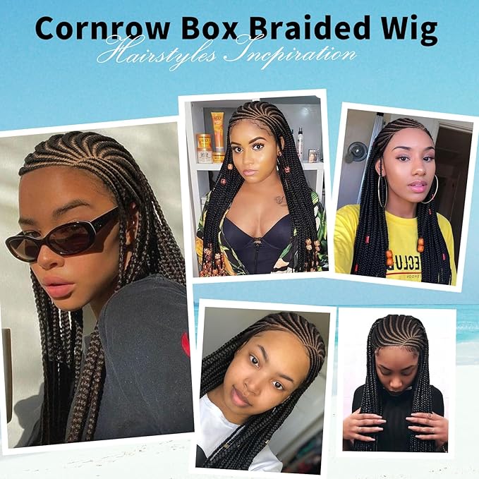 13X8 HD Lace Front Braided Wigs Cornrow Braided Wigs for Women Box Braid Wig with Baby Hair Side Parted Human Hair Blended Braided Lace Front Wigs Black 36 Inch