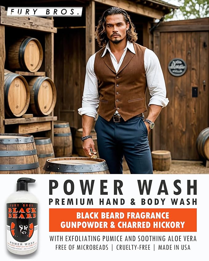 Premium Power Wash | Black Beard | Gunpowder & Charred Hickory | Hand & Body Wash | Exfoliating Pumice | Moisturizing Aloe Vera | Highly Scented | Made in USA | 16 oz | Dad Men Bath