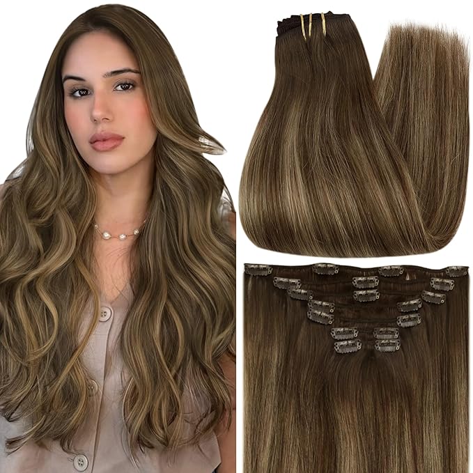 Full Shine Hair Extensions Short Hair Balayage Brown Clip in Hair Extensions 12 Inch 7 Pcs Medium Brown to Honey Blonde Human Hair Clip in Extensions Straight Remy Extensions 95 G