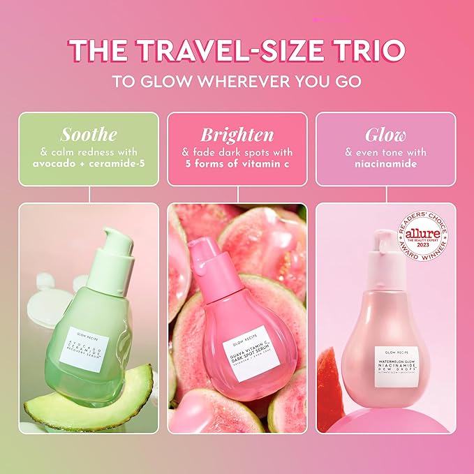 Glow Recipe Soothe, Glow & Bright Gift Set - Dew Drops Hydrating Niacinamide Serum + Avocado Ceramide Barrier Repair + Guava Dark Spot Vitamin C Serum - Korean Skincare Travel Kit (3 Count)