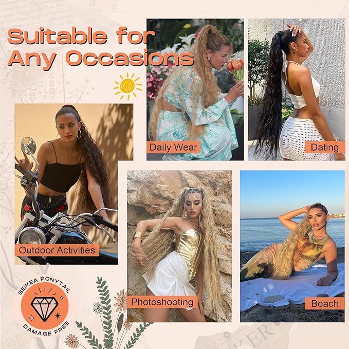 SEIKEA Ponytail Extension, 36" Long Lightweight Full Natural Curly Drawstring Ponytail Black Brown Fake Pony Tail Multi Layered Soft Clip in Hair Extensions Ponytail Synthetic Hairpiece for Women