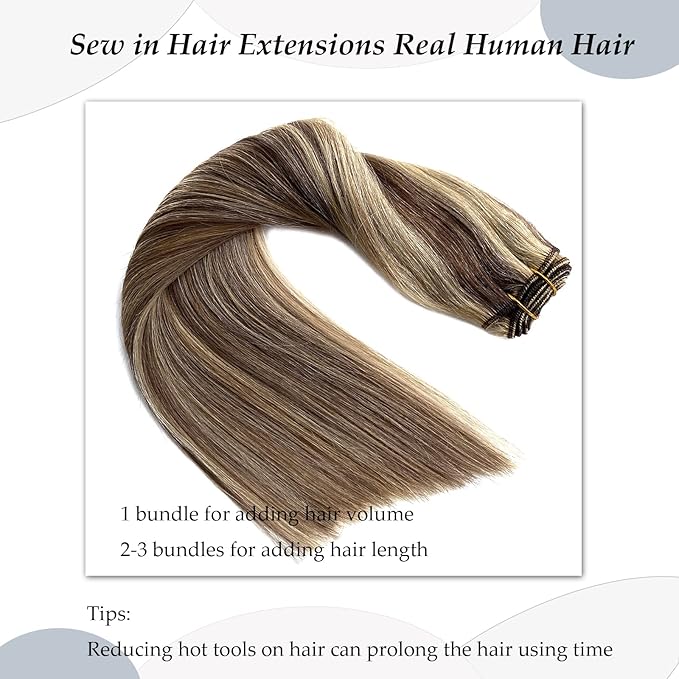 Sew In Real Human Hair Extensions, 20 Inch 100G Weft, Ash Brown Balayage Honey Blonde Highlights, Hand Tied, Remy Human Hair Bundles, Sew In for Women