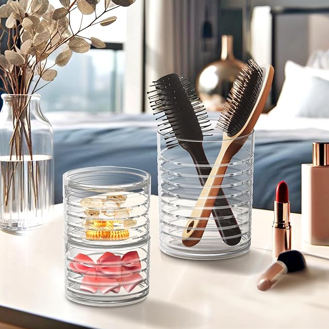 Amazing Abby - Intrigue - Acrylic Headband Organizer, Plastic Hairbrush Holder, Stackable Container for Hair Accessories and Beauty Supplies, Perfect Storage for Vanity and Bathroom, Crystal Clear