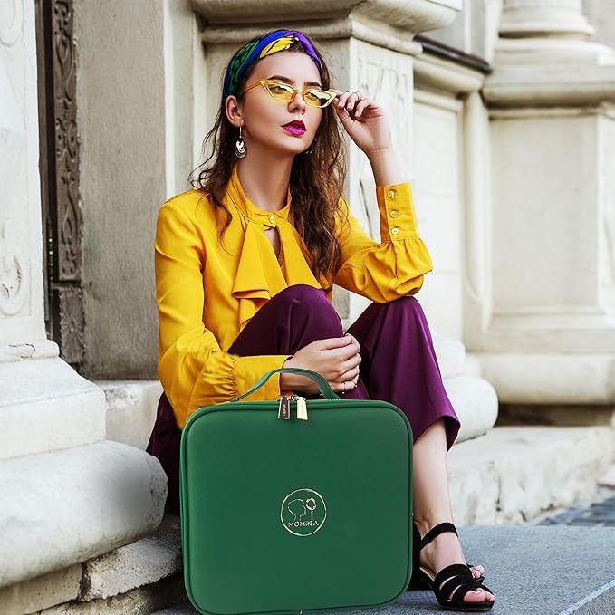MOMIRA Travel Makeup Bag Cosmetic Bag Makeup Organizer Bag with Lighted Mirror, Adjustable Brightness in 3 Color Scenarios, Waterproof Makeup Train Case, Gift for Women - Emerald Green