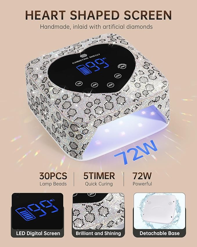 UV LED Nail Lamp 72W Rechargeable Sparkly Wireless Nail Dryer Gel Polish Light with 5 Timer Setting Professional Quick Dry Curing Lamp with Display Auto Sensor for Salon & Home