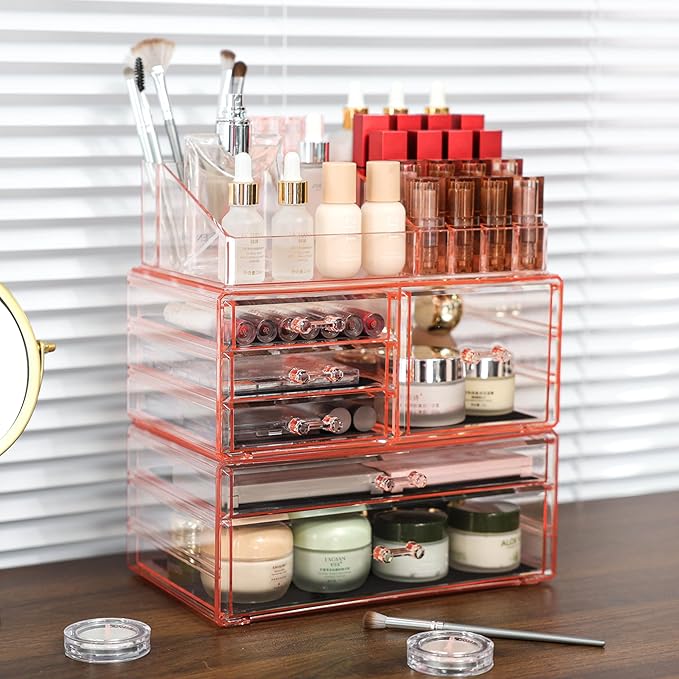 Cq acrylic 3 Pack Women and Mens Bathroom Organizer With Stackable 6 Drawers,Large Bathroom Makeup Organizer Countertop and Storage for Vanity, Great for Cosmetics, Skin Care, Lipsticks,Nail Care,Pink