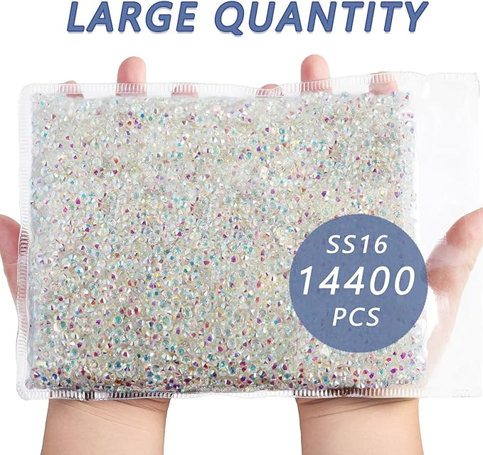 Beadsland Flatback Rhinestones Bulk,14400pcs Crystal Rhinestones for Nails Crafts Clothes DIY Decoration, Transparent AB, SS16, 3.8-4.0mm