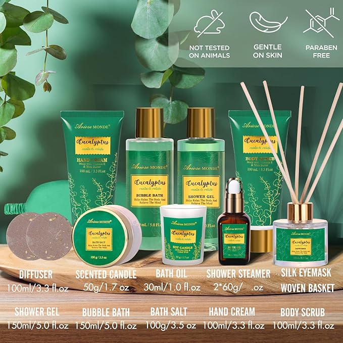 Gift Baskets for her, Spa Gifts for Women-13pcs Eucalyptus At Home Spa Kit with Body Salt, Bubble Bath. Relaxing Bath Sets for Women Gift, Birthday Gifts for Women, Mothers Day Gifts for Mom