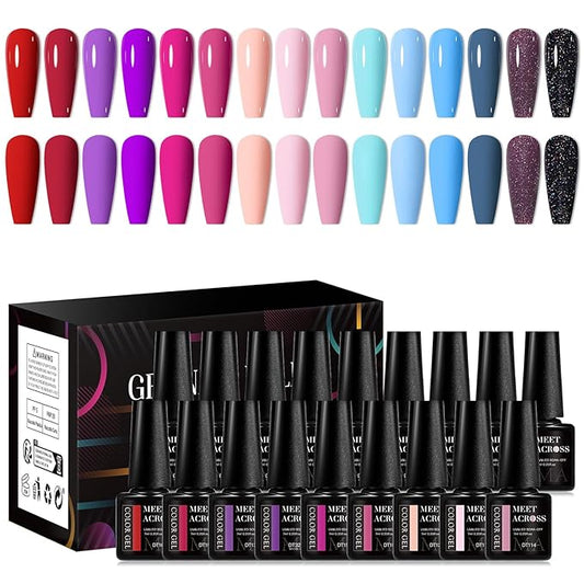 MEET ACROSS Gel Nail Polish Set 18Pcs Nude Gel Polish Set 15 Colors Red Pink Purple Sky Blue Nail Polish Kit Soak Off Nail Set Gifts for Women